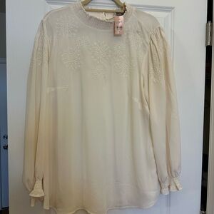 LOFT Cream Ruffled Blouse with Bib Collar and Long Sleeves